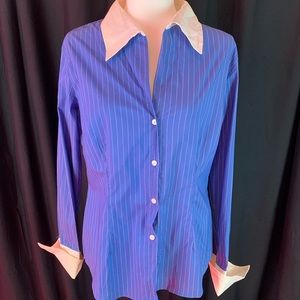 New York & Company blue pin striped button down shirt size L
